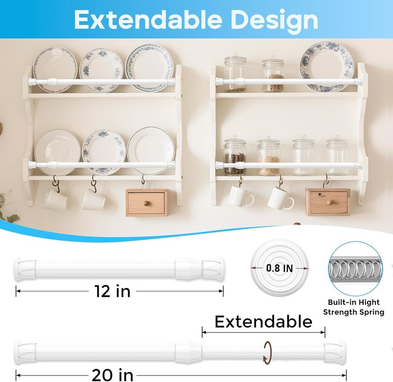 ZipGlo Tension Curtain Rod 12-20inches Small Tension Rods White Adjustable Spring Tension Curtain Rods 2 Pack Mini Curtain Rod Short for Cupboard Closet Rod Kitchen Drawers No Drill Cupboard Cabinets - Image 2